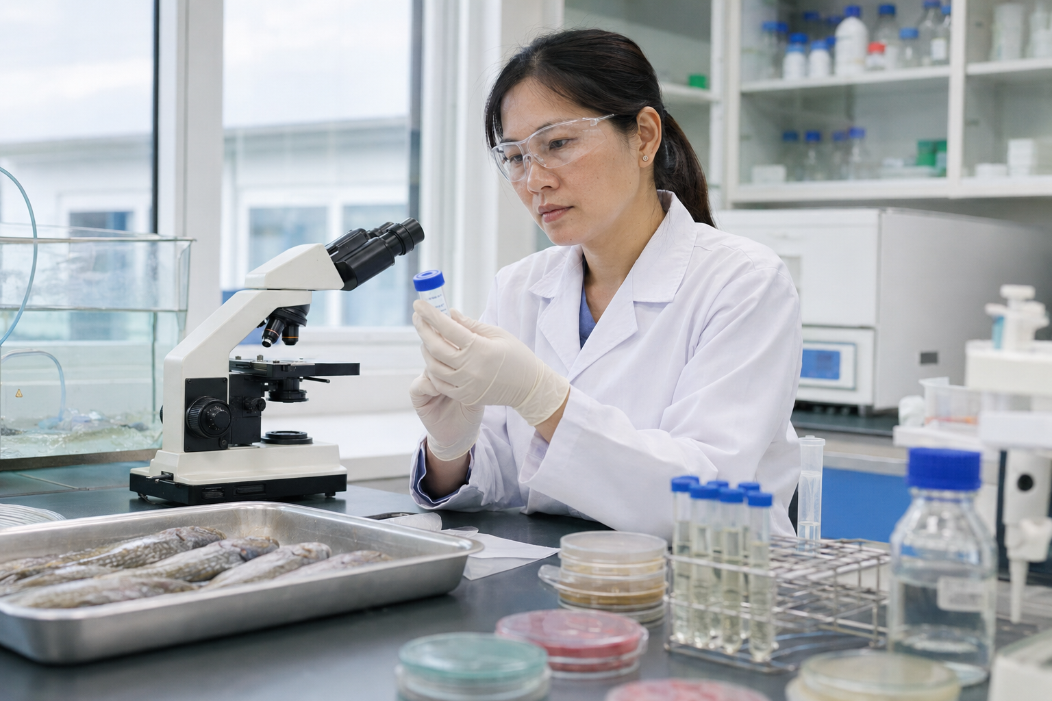 Laboratory specialist diagnosing aquatic animal disease