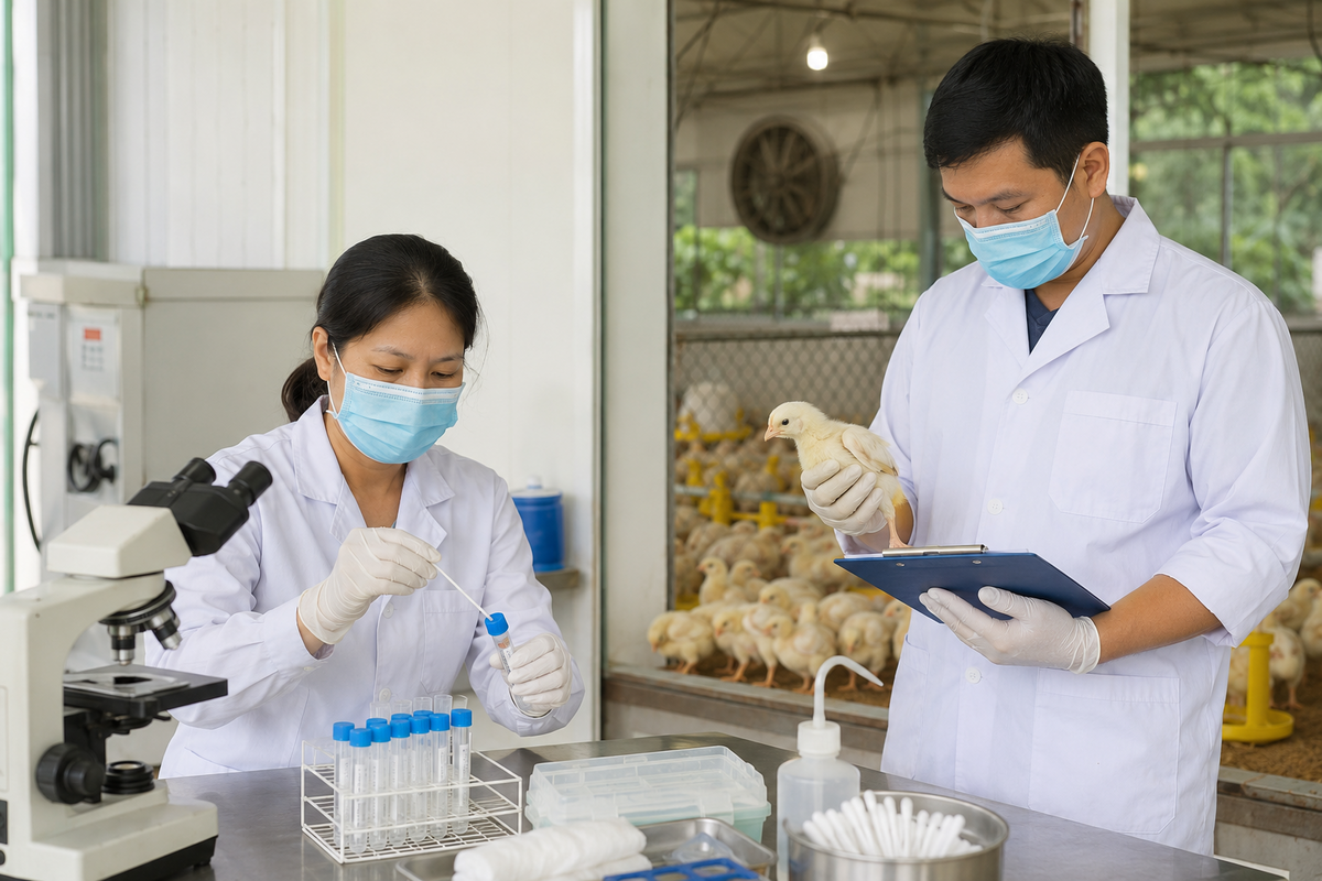 Veterinarian collecting samples and evaluating poultry vaccination programs
