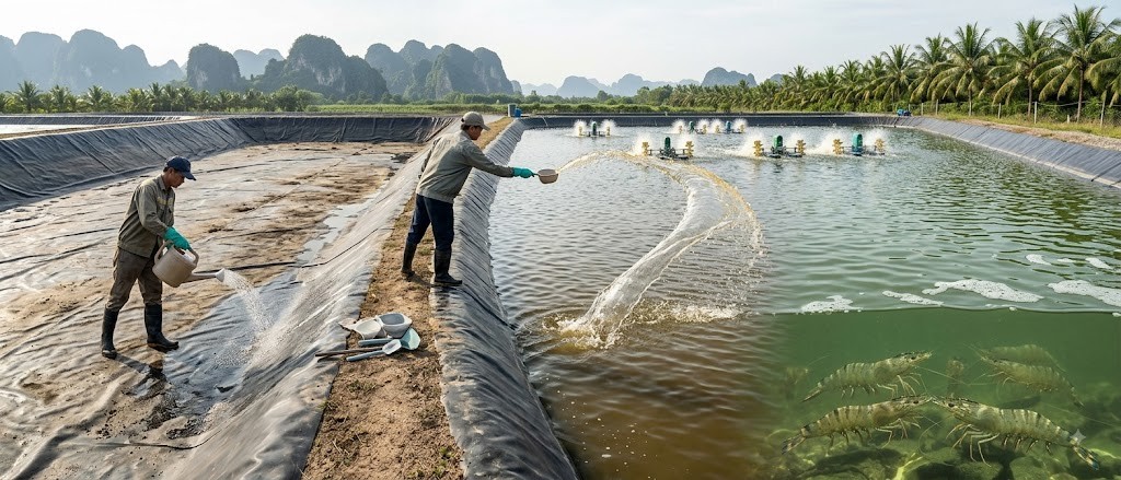 DINE SHRIMP AP sát trùng bể, dụng cụ và xử lý môi trường nước ao nuôi