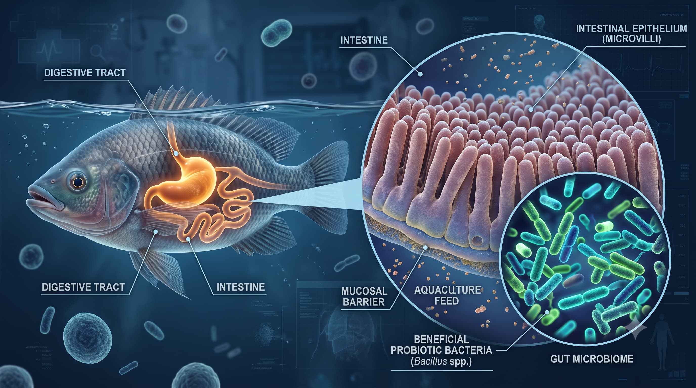 Scientific illustration of the fish gut microbiome